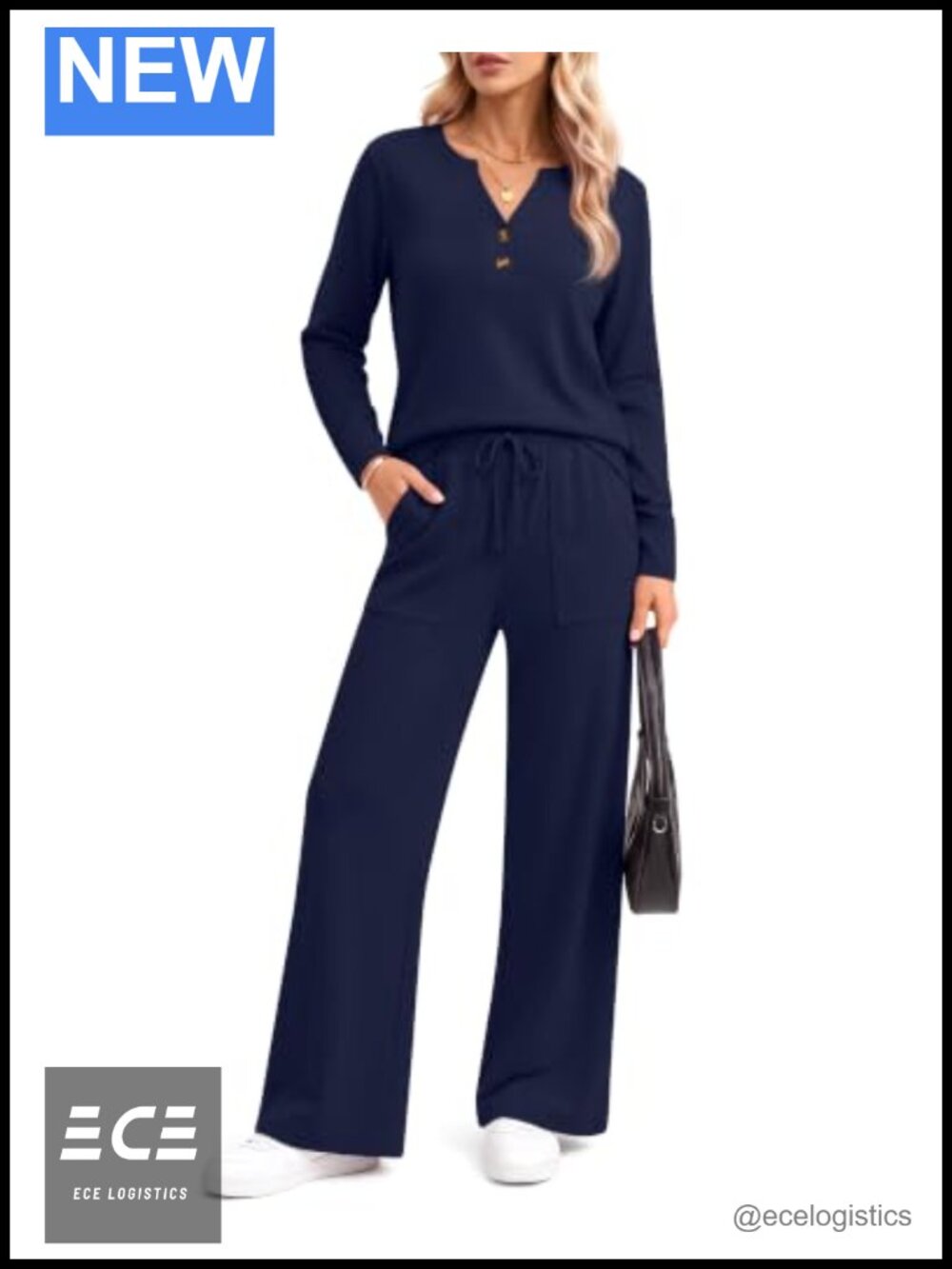 2-Piece Lounge Set V-Neck Henley Wide Leg Pants Fall Travel Outfit